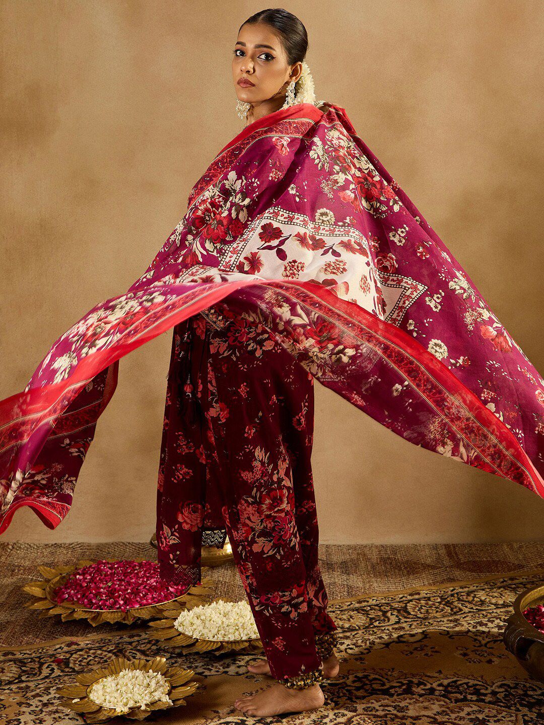 Indyancart IE Floral Printed Angrakha Mirror Work Pure Cotton Kurta with Trousers & Dupatta