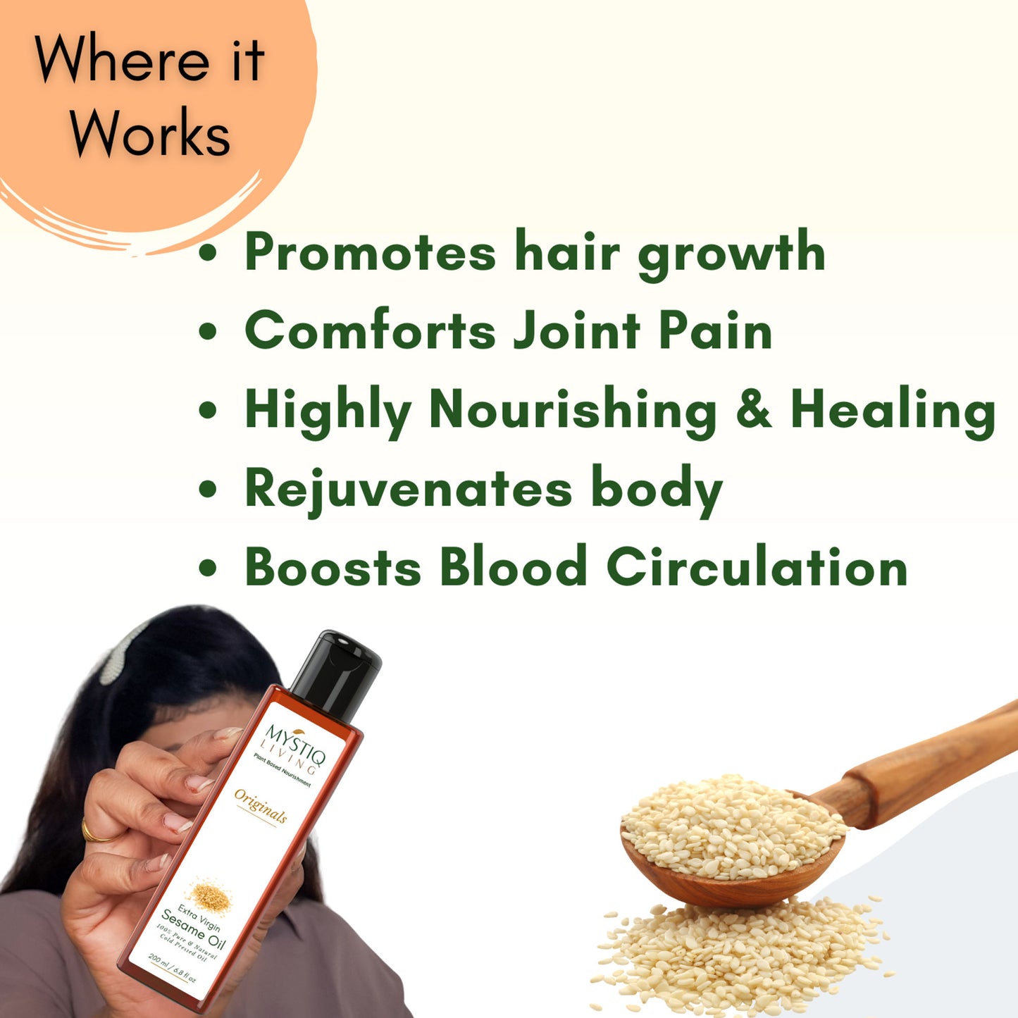 Mystiq Living Extra Virgin Sesame Oil, Cold Pressed & Organic For Hair, Face, Body & Massage