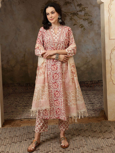 Indyancart SN Women's Floral Printed Mandarin Collar Pure Cotton Kurta With Trousers & Dupatta