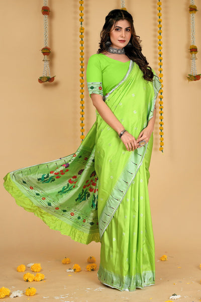 Indyancart GR Women's Mastani 2 Light Green Zari Paithani Silk Saree