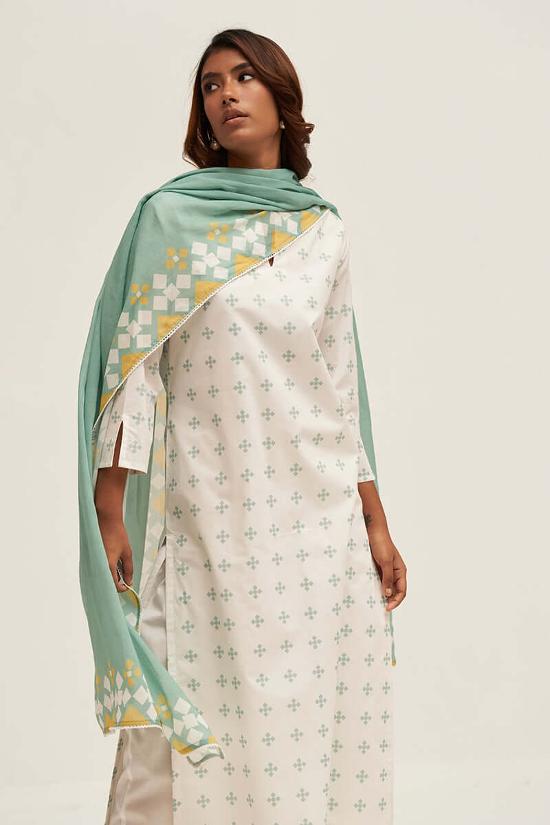 Women's White and Aquifer Printed Cotton Salwar Suit