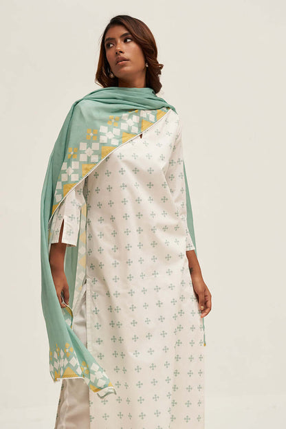Women's White and Aquifer Printed Cotton Salwar Suit