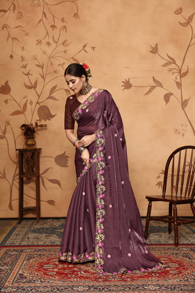 Indyancart GR Women's Armani Chocolate Brown Jimmi Choo Embroidered Saree