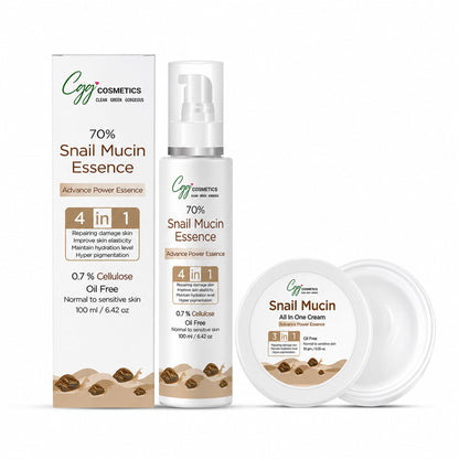 CGG Cosmetics snail mucin essence and all-in-one cream combo featuring snail cellulose for hydrating skincare.