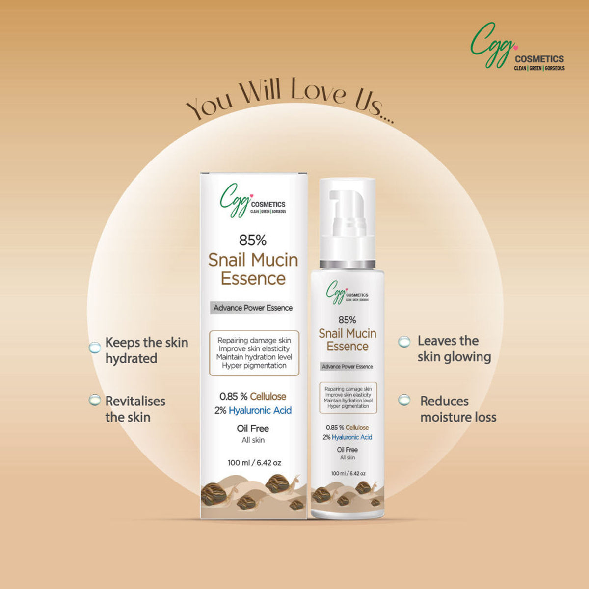 CGG Cosmetics 70% Snail Mucin Essence and All-In-One Cream combo with snail cellulose for nourishing skincare.