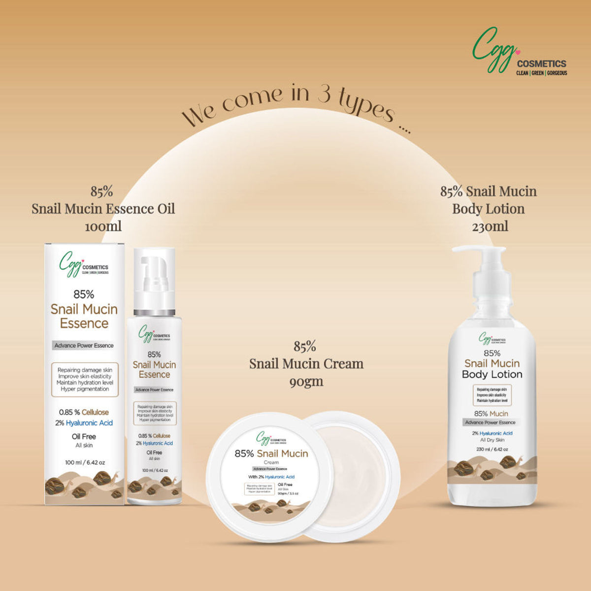 CGG Cosmetics snail mucin essence and all-in-one cream duo with snail cellulose for hydrating skincare.