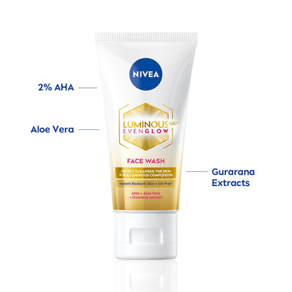 Nivea Luminous Even Glow Face Wash Oil Free Formula, Aha, Aloe Vera, Guarana Extract Deep Clean