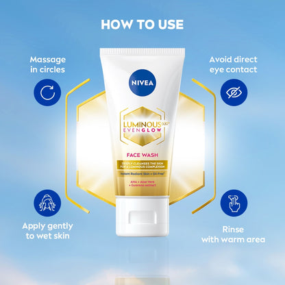 Nivea Luminous Even Glow Face Wash Oil Free Formula, Aha, Aloe Vera, Guarana Extract Deep Clean