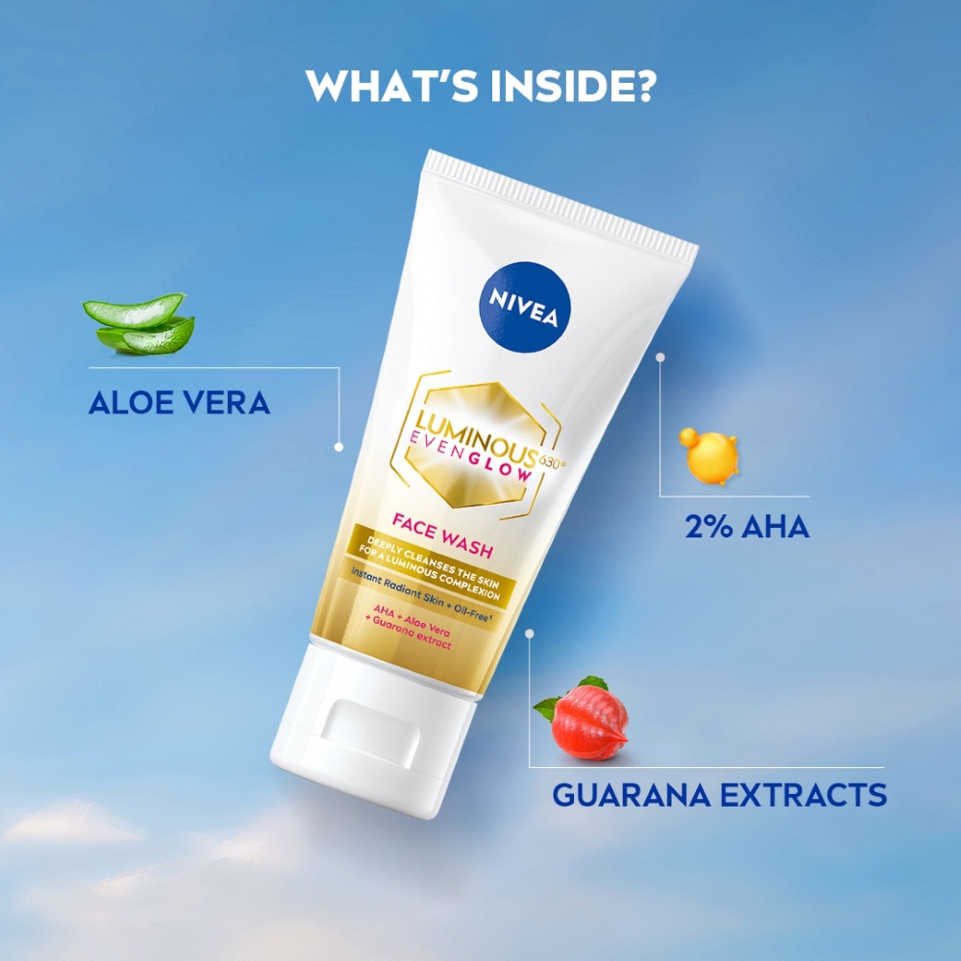 Nivea Luminous Even Glow Face Wash Oil Free Formula, Aha, Aloe Vera, Guarana Extract Deep Clean
