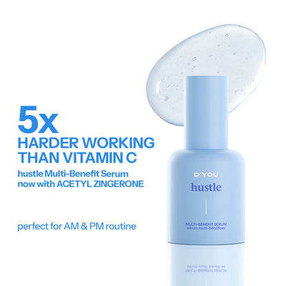 d'you Hustle Serum with 5% Niacinamide, hyaluronic acid, and vitamin C for acne and pigmentation, shown in a clear bottle.