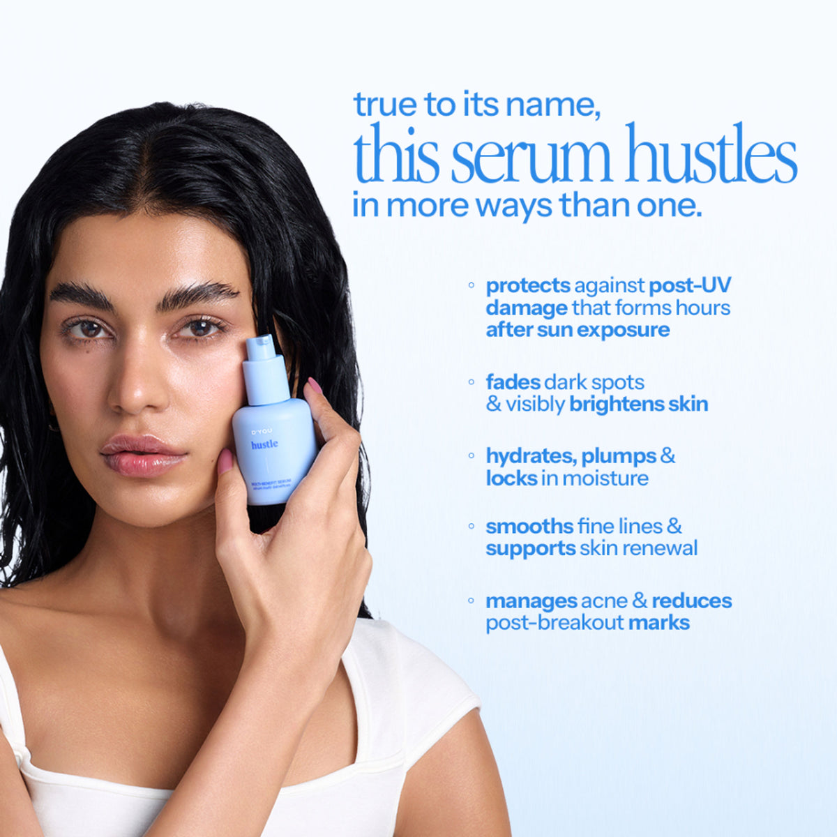 d'you Hustle Serum with 5% niacinamide, hyaluronic acid, and vitamin C for acne and pigmentation treatment.