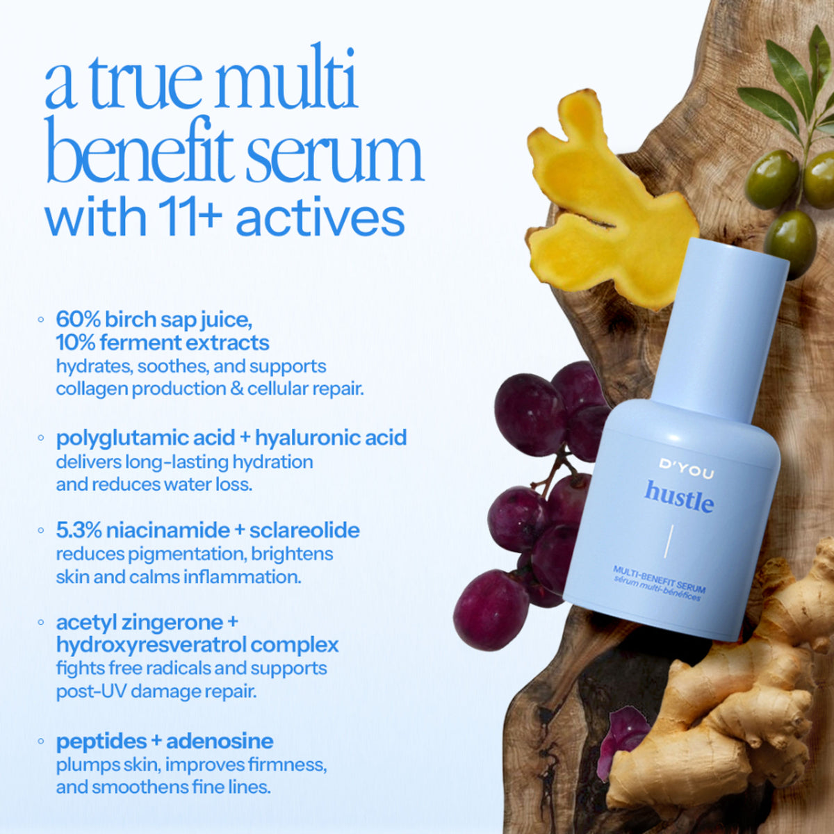 d'you Hustle serum bottle with 5% niacinamide, hyaluronic acid, and vitamin C for acne and pigmentation treatment.