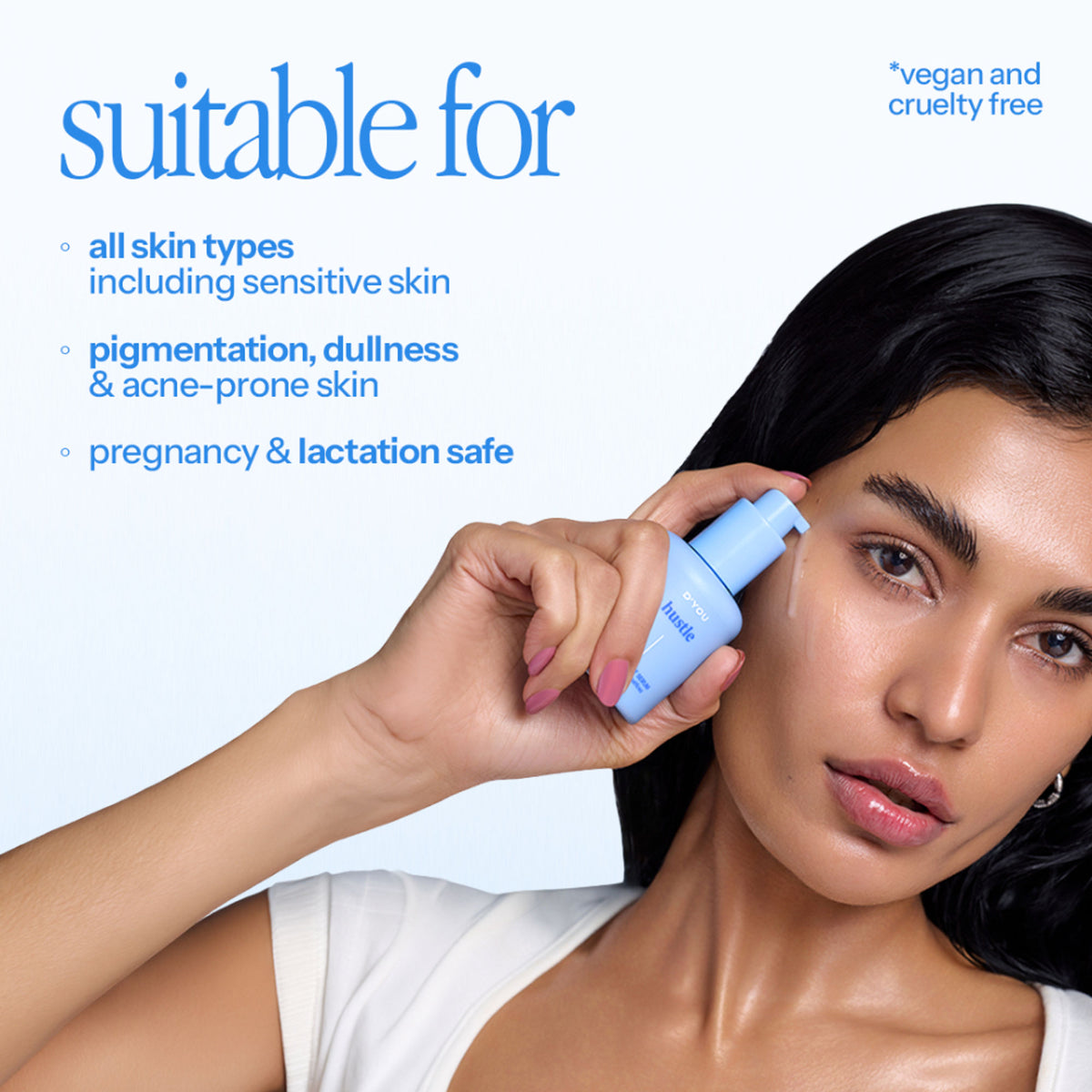 d'you Hustle Serum with 5% niacinamide, hyaluronic acid, and vitamin C for acne and pigmentation, shown in a clear bottle.