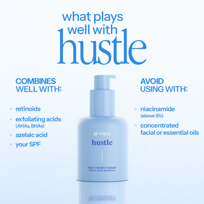 d'you Hustle Serum with 5% Niacinamide, hyaluronic acid, and vitamin C for acne and pigmentation treatment.