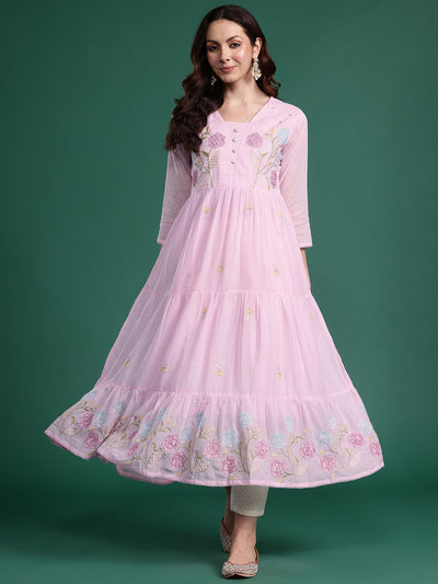Indyancart IE Women Floral Embroidered Thread Work Pure Cotton Anarkali Kurta