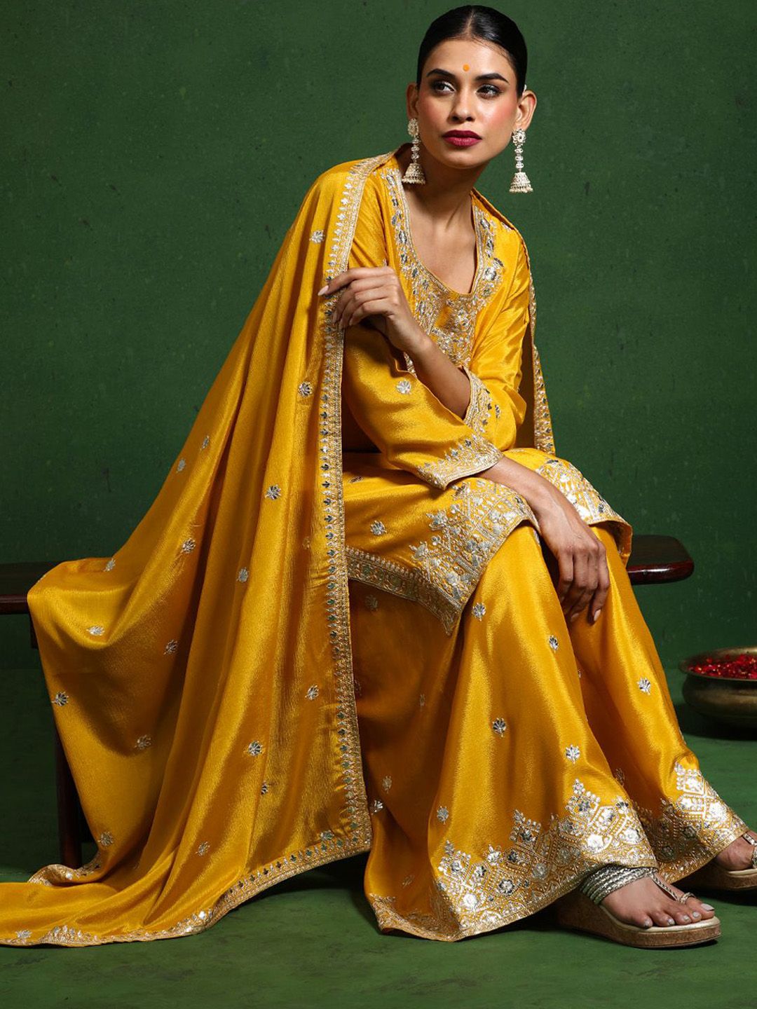 Indyancart VA Floral Embroidered Zari Work Straight Kurta With Palazzos & Dupatta