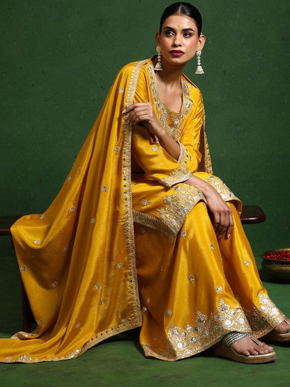 Indyancart VA Floral Embroidered Zari Work Straight Kurta With Palazzos & Dupatta