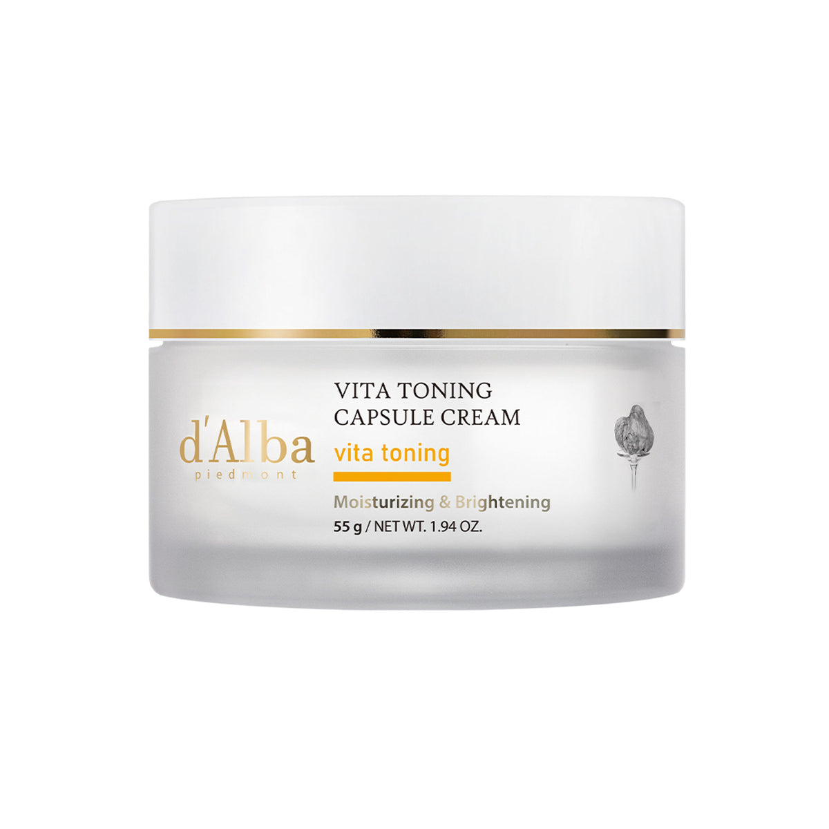 d'Alba Piedmont Vita Toning Capsule Cream jar with white and gold packaging, displayed on a clean surface.