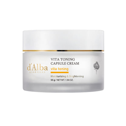 d'Alba Piedmont Vita Toning Capsule Cream jar with white and gold packaging, displayed on a clean surface.