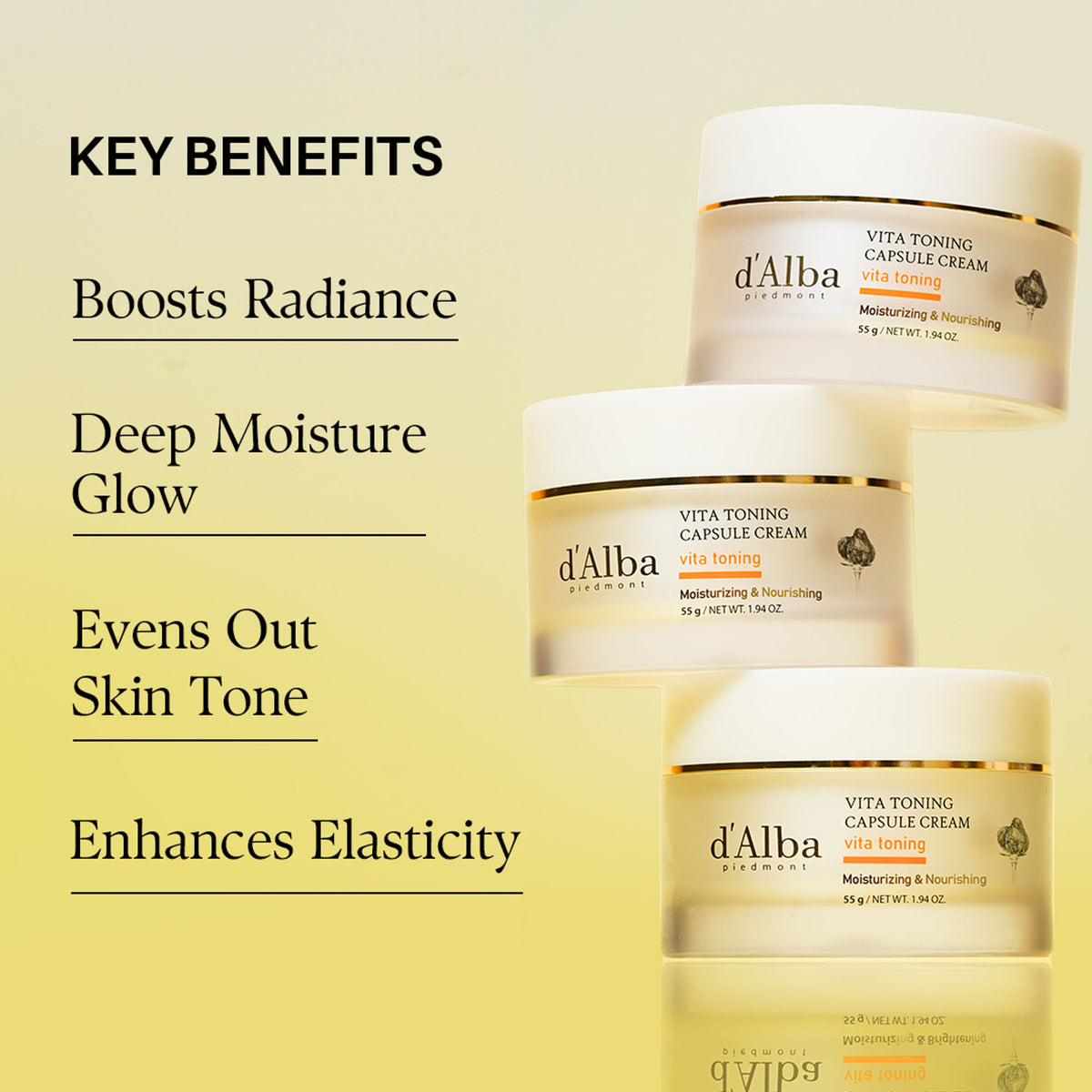 d'Alba Piedmont Vita Toning Capsule Cream jar with gold and white packaging, showcasing the luxurious skincare product.