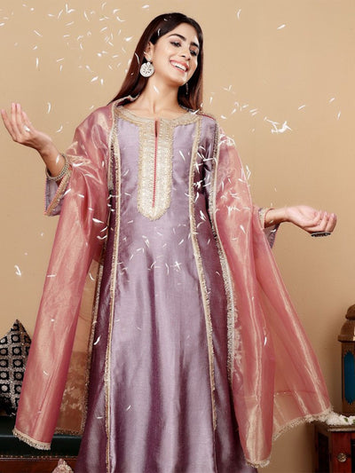 Indyancart VA Women'sLavender Embroidered Yoke Design Notch Neck Anarkali Kurta with Trousers & Dupatta