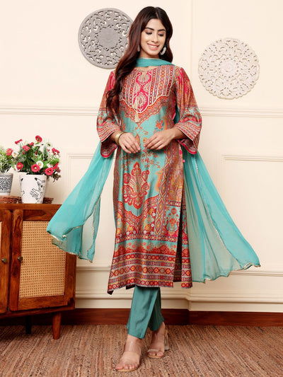 Indyancart VA Women'sEthnic Motifs Printed Chanderi Silk Kurta With Trousers And Dupatta