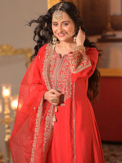 Indyancart IE Ethnic Motifs Embroidered Zari A-Line Kurta With Trousers & Dupatta