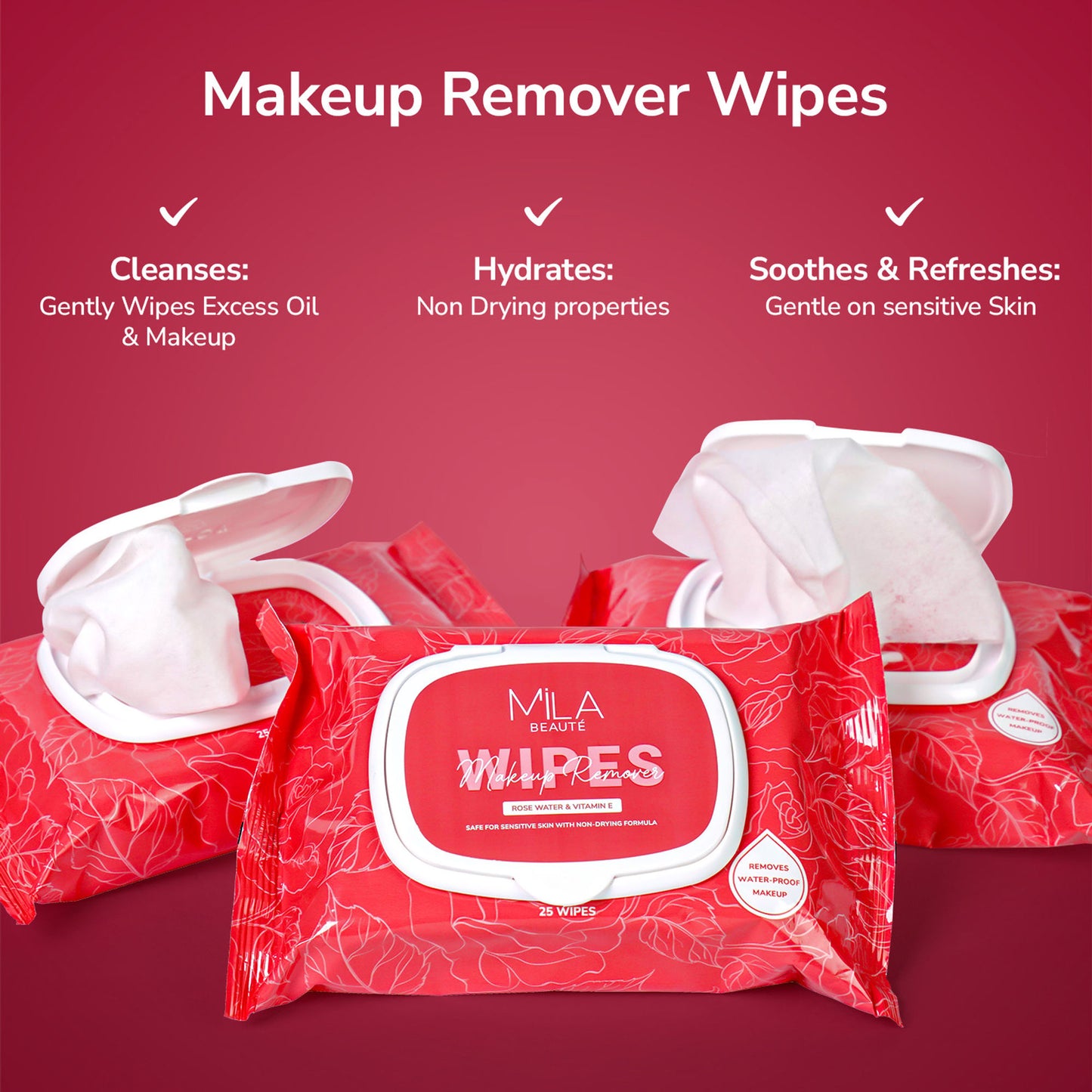 Mila Beauté Makeup Remover Wipes Hydrating & Refreshing With Rosewater & Vitamin E - 25 Wipes