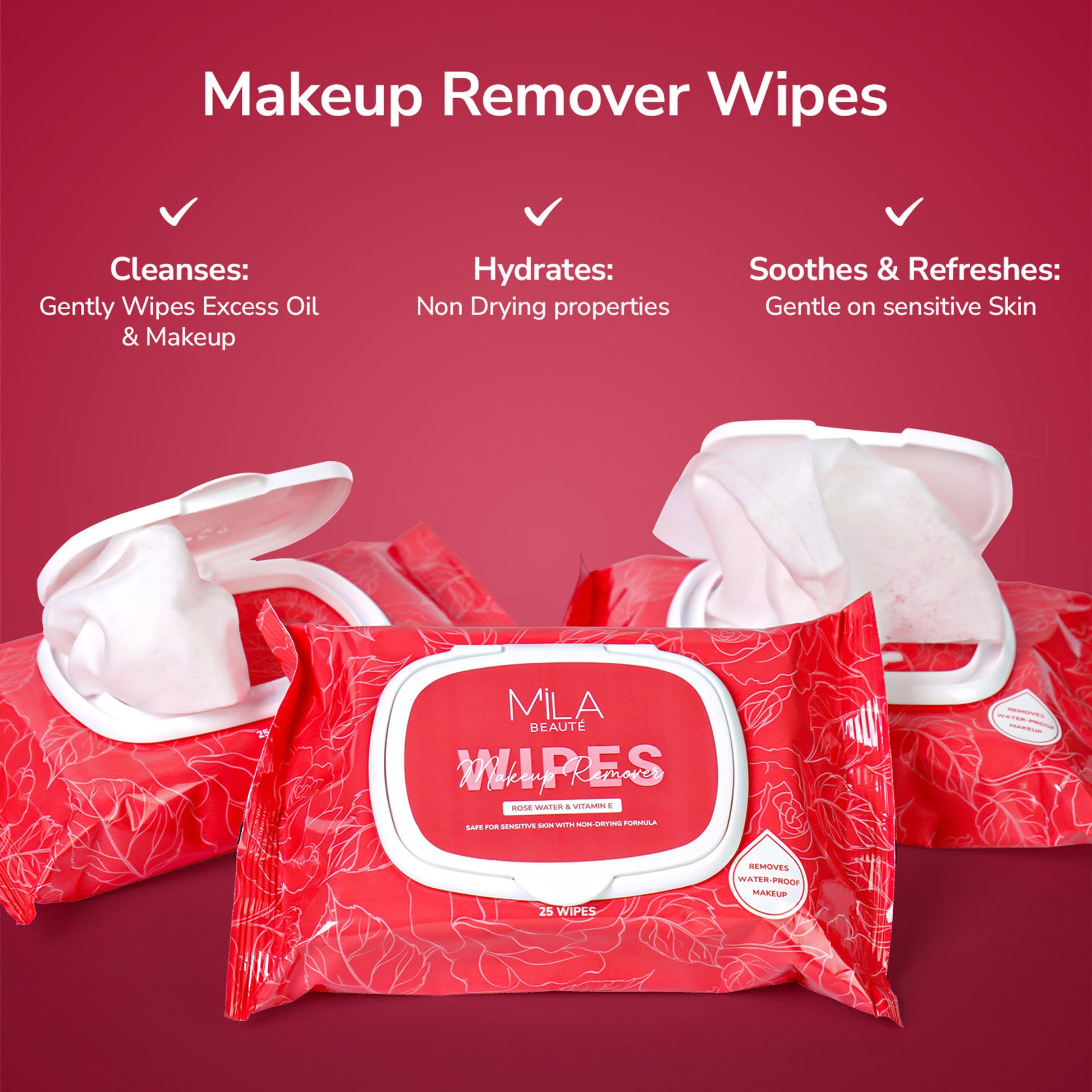 Mila Beauté Makeup Remover Wipes Hydrating & Refreshing With Rosewater & Vitamin E - 25 Wipes