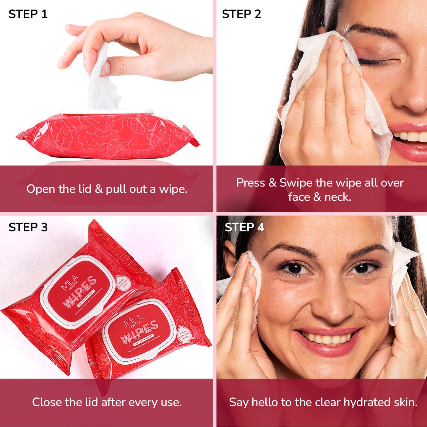 Mila Beauté Makeup Remover Wipes Hydrating & Refreshing With Rosewater & Vitamin E - 25 Wipes