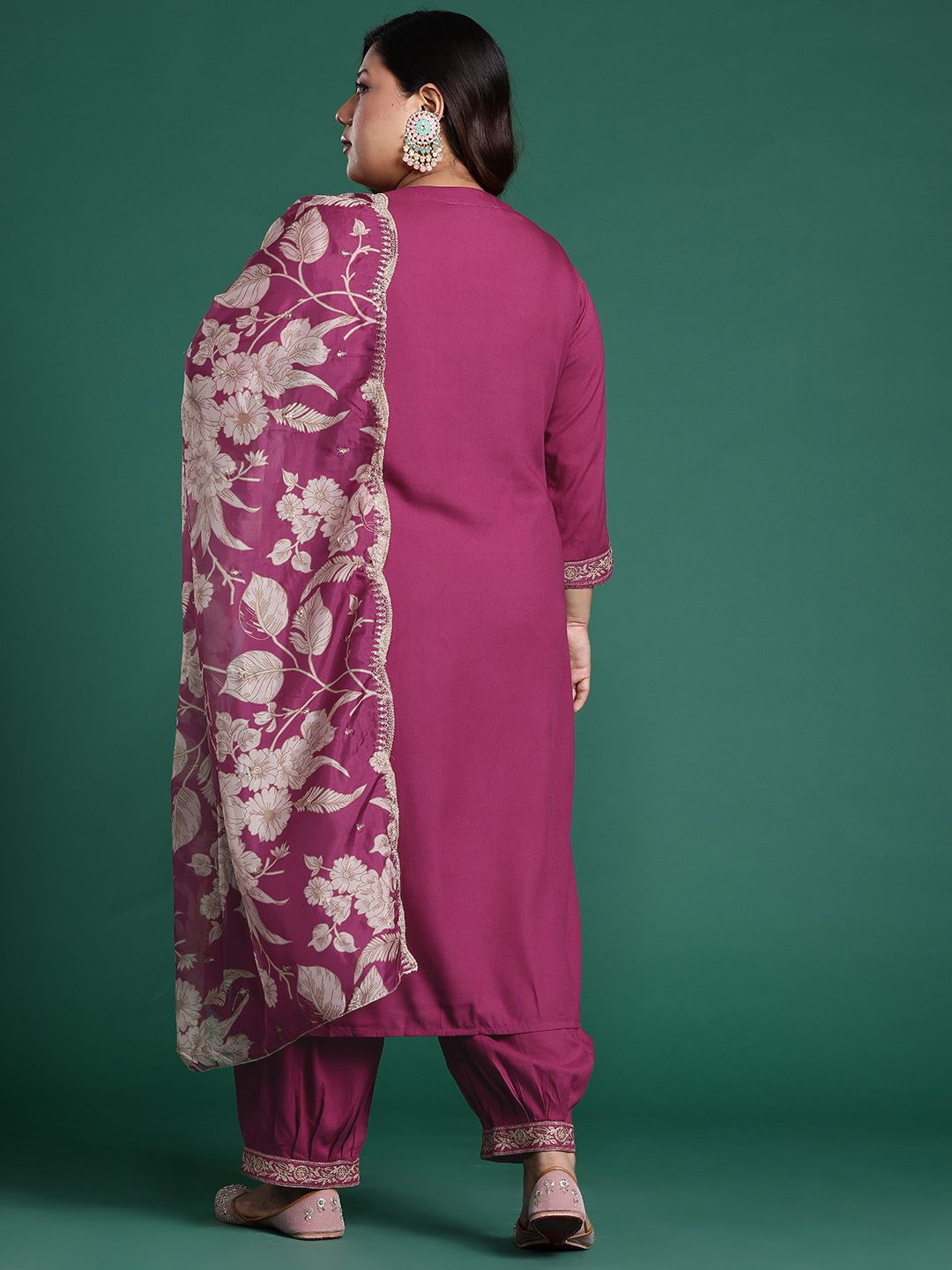 Indyancart Women's Plus Size Floral Zari Embroidered Kurta with Salwar & With Dupatta