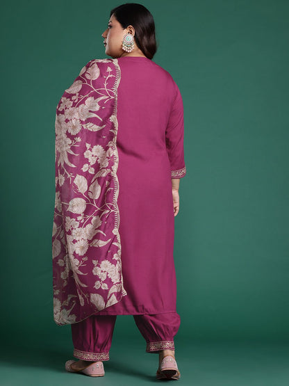Indyancart Women's Plus Size Floral Zari Embroidered Kurta with Salwar & With Dupatta