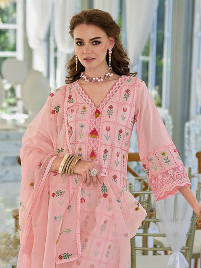 Indyancart IE Floral Embroidered Thread Work Pure Cotton Kurta With Trousers & Dupatta