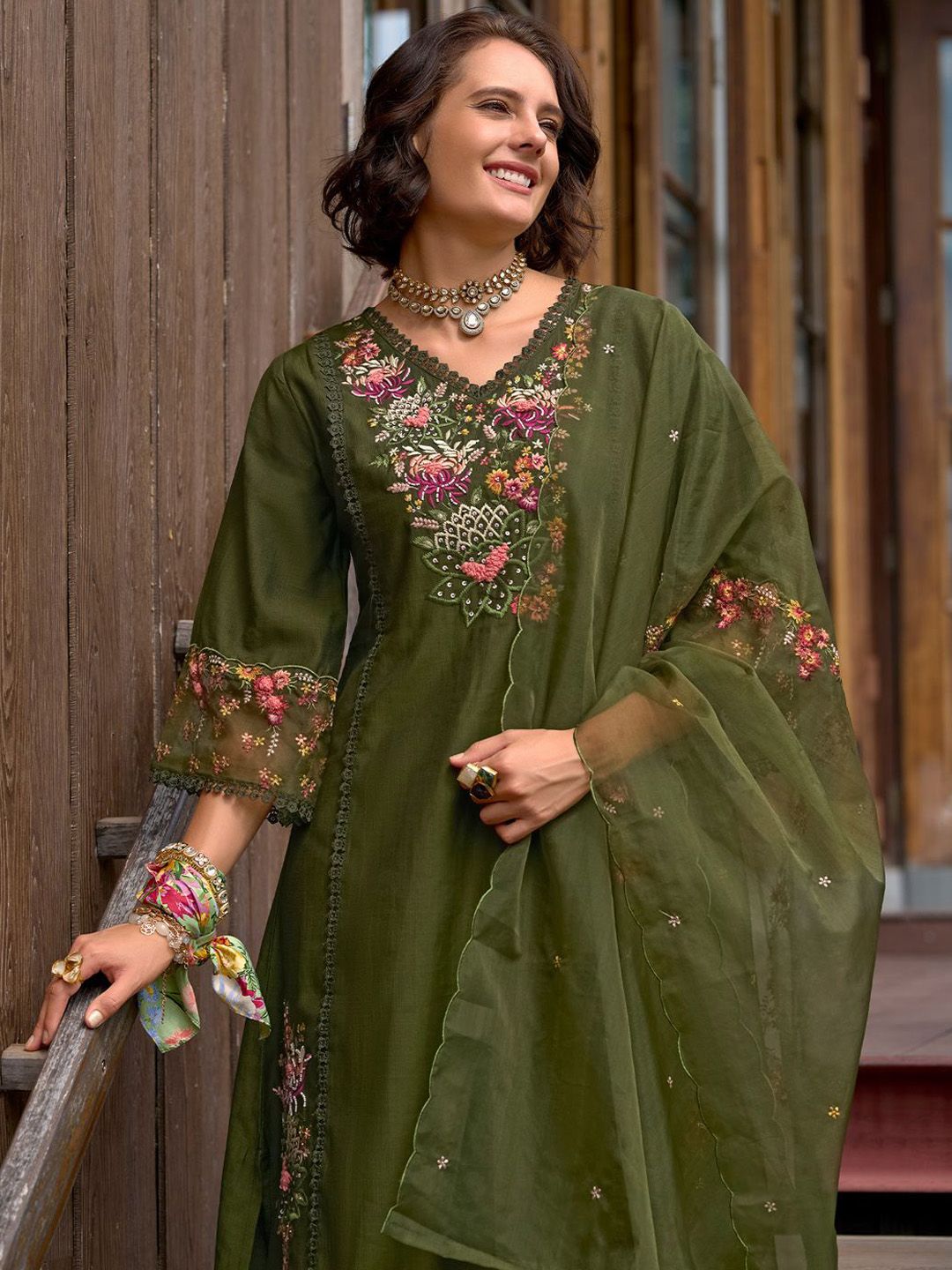 Floral Embroidered V Neck Panelled A Line Kurta With Trousers & Dupatta