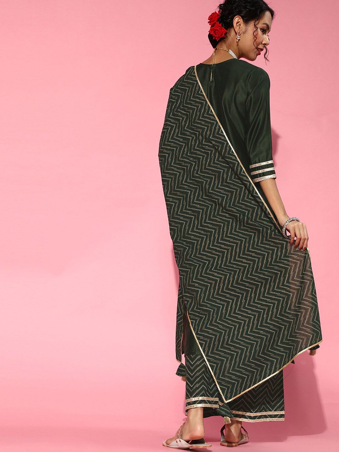Indyancart IE Green Ethnic Motifs Embroidered Round Neck Straight Kurta with Palazzos & Dupatta