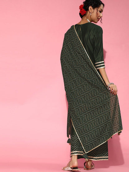 Indyancart IE Green Ethnic Motifs Embroidered Round Neck Straight Kurta with Palazzos & Dupatta
