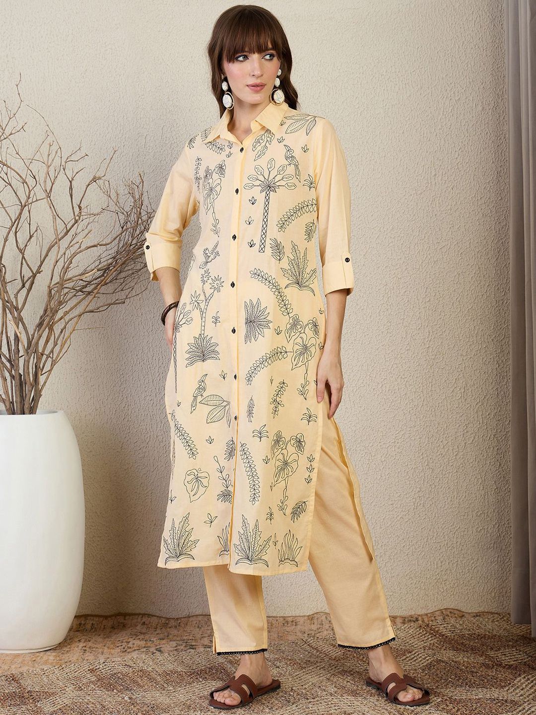Dhiyona IE Embroidered Shirt Collar Top With Trousers Co-Ords