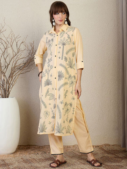 Dhiyona IE Embroidered Shirt Collar Top With Trousers Co-Ords