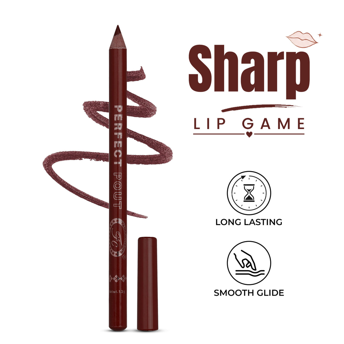FASHION COLOUR Perfect Pout Matte Lipliner in Burgundy, showing the sleek, deep burgundy lipliner pencil on a neutral background.