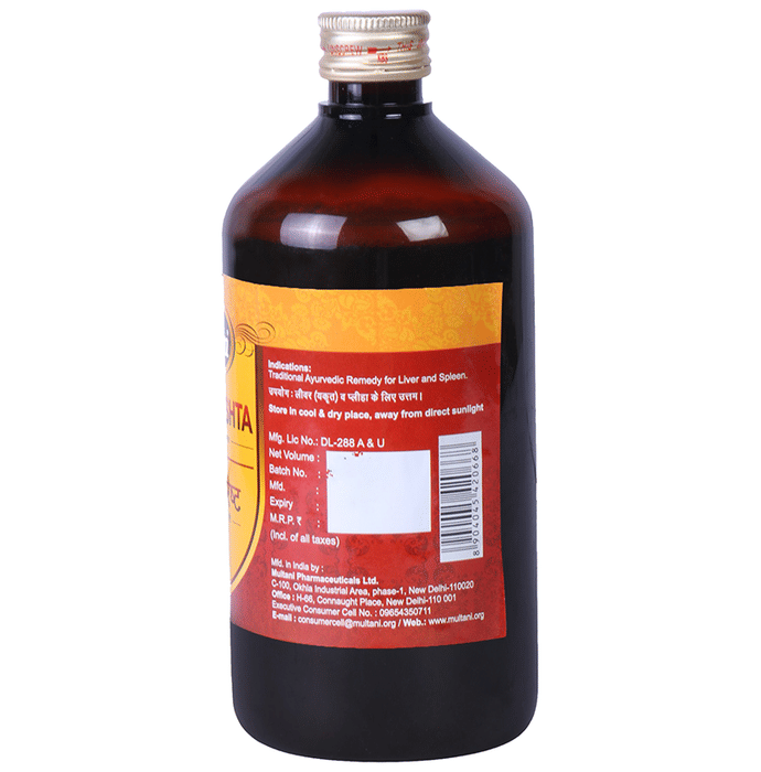 Bottle of Multani Rohitkarishta Ayurvedic syrup with traditional packaging, natural ingredients, and health benefits.
