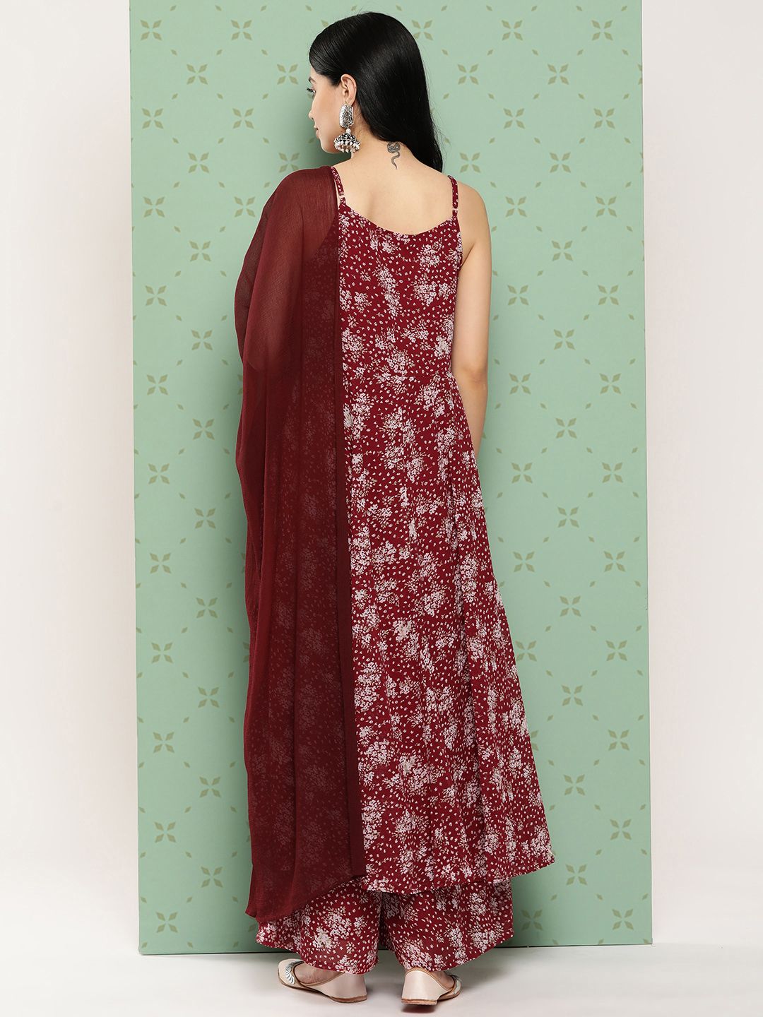 Indyancart VA Women's Floral Printed Panelled Silk Georgette Kurta with Palazzos & With Dupatta