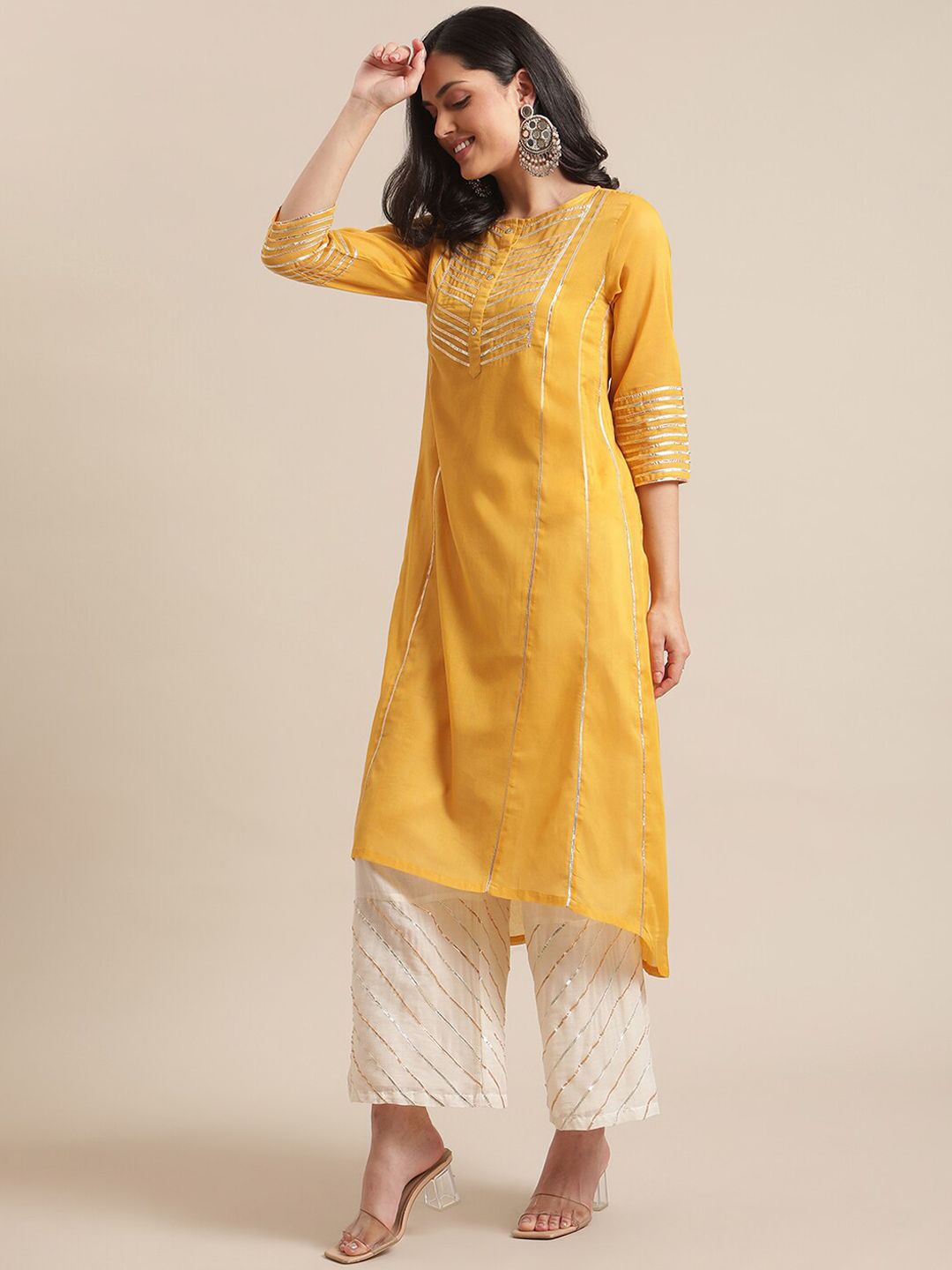 Indyancart VA Women's Mustard Yellow Panelled Gotta Patti Pure Cotton Kurta with Trousers