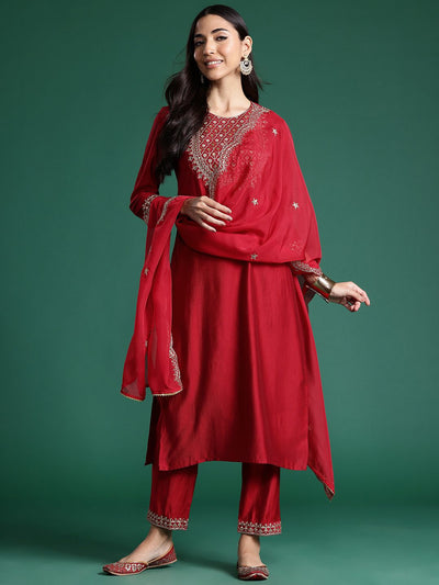 Indyancart IE Women Ethnic Motifs Embroidered Regular Sequinned Liva Kurta with Trousers & With Dupatta