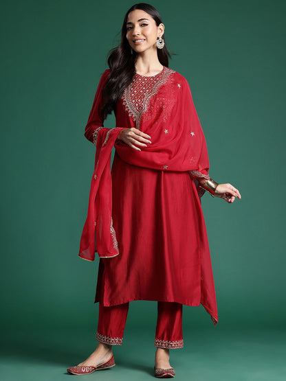 Women Ethnic Motifs Embroidered Regular Sequinned Liva Kurta with Trousers & With Dupatta