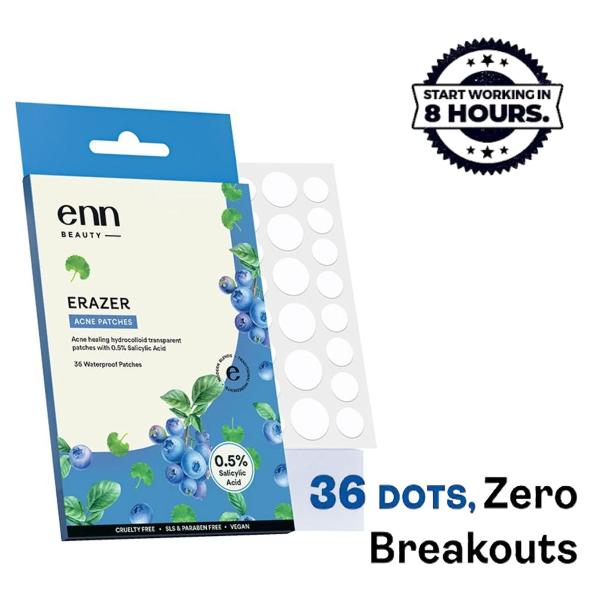 ENN Erazer Acne Pimple Patches with 0.5% Salicylic Acid, waterproof and transparent, shown on skin with clear patches applied.