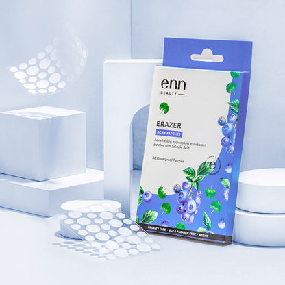ENN Erazer Acne Pimple Patches with 0.5% Salicylic Acid, waterproof and transparent, shown on skin with multiple patches applied.