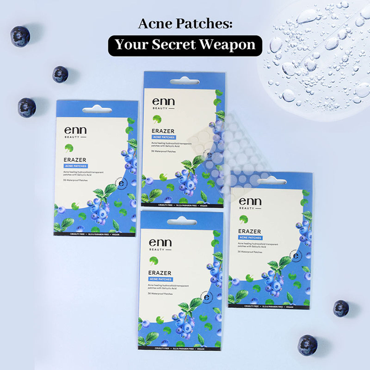 ENN Erazer Acne Pimple Patches with 0.5% Salicylic Acid, waterproof and transparent, shown on skin with multiple patches.
