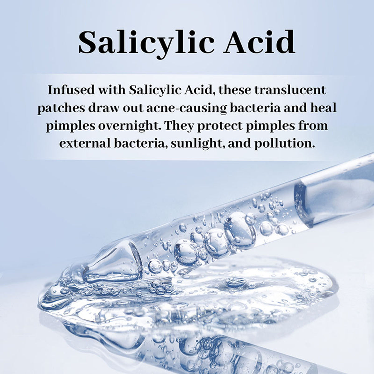 ENN Erazer acne pimple patches with 0.5% salicylic acid, waterproof and transparent, shown on skin with a few patches applied.