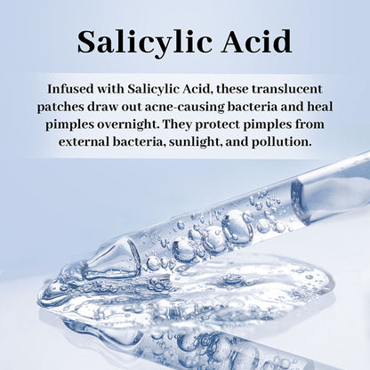 ENN Erazer acne pimple patches with 0.5% salicylic acid, waterproof and transparent, shown on skin with a few patches applied.