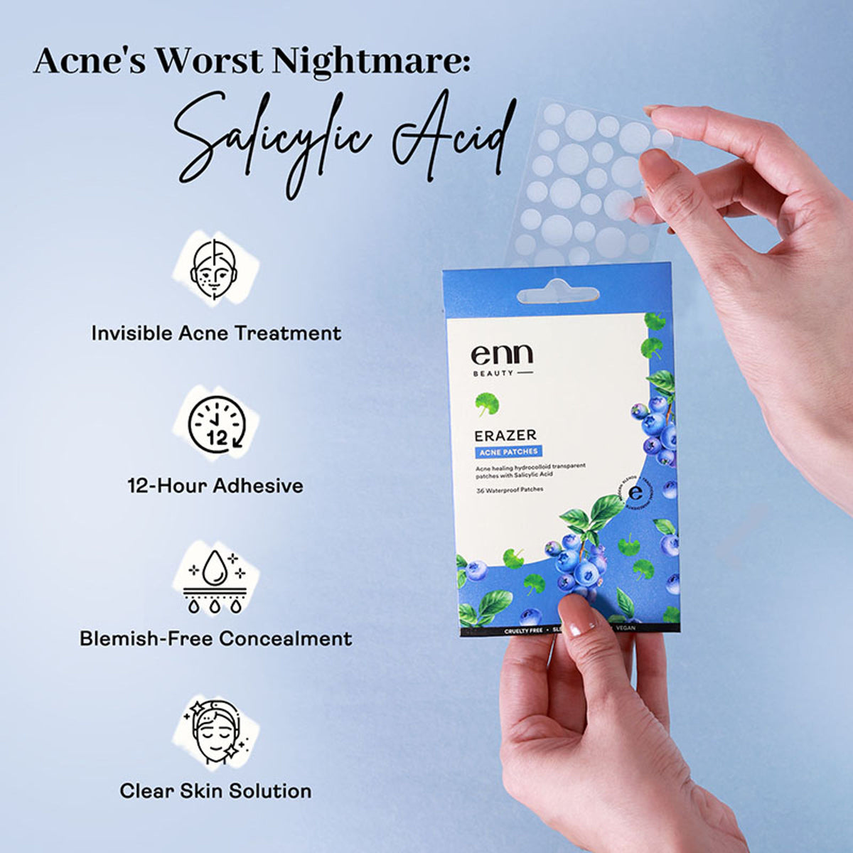 ENN Erazer Acne Pimple Patches with 0.5% Salicylic Acid, waterproof transparent patches on a white background.